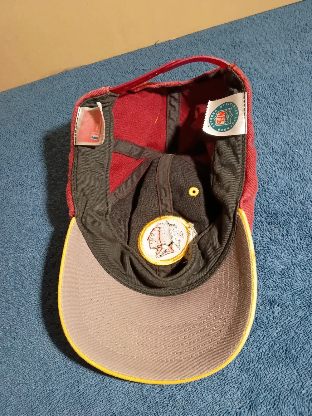 Vintage Kids Red and Yellow Redskins Football Cap with Native Head Patch